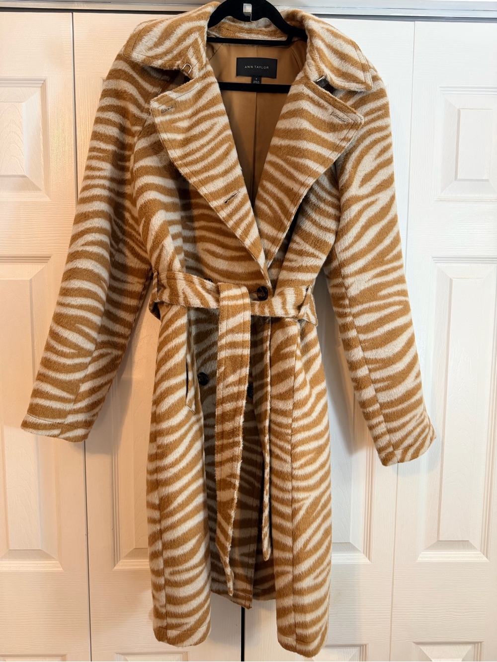 Ann Taylor Camel & Cream Zebra-Print Belted Wool-Blend Coat